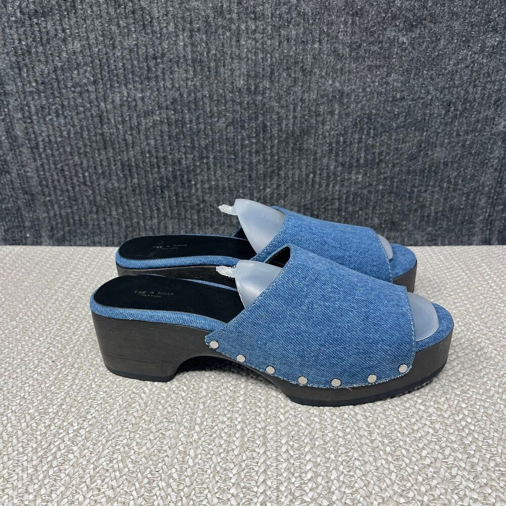 Rag & Bone Mara Denim Platform Clogs Studded Blue Slip On Women’s 38 US 8